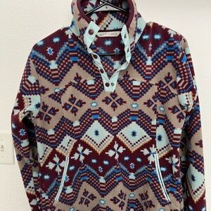Woolrich Garnet Red and Light Blue Fleece Pullover Geometric Design